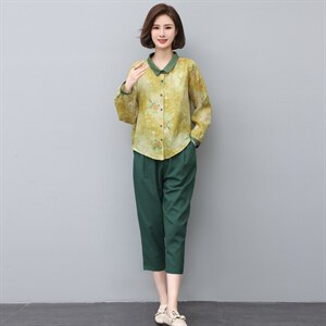 时尚棉麻套装女2022秋装新款韩版印花衬衫休闲裤两件套潮,女装大码女装,奕阳依阁