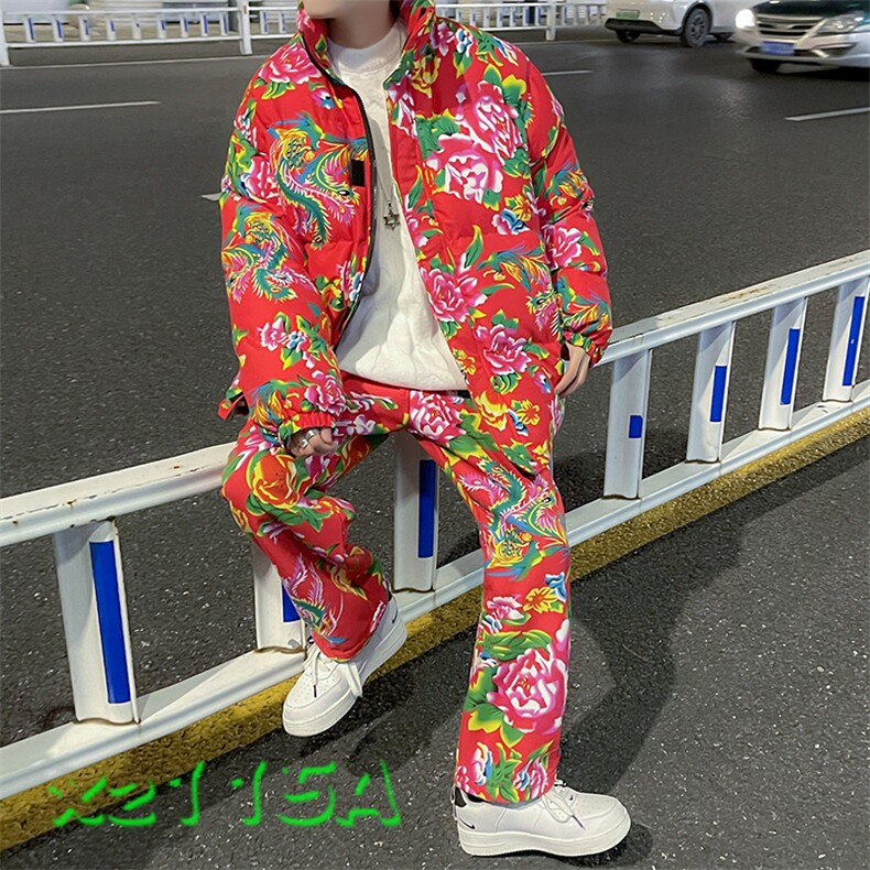 Z01情侣东北大花风民族风特色棉衣加绒裤套装大码男女土潮装,男装棉衣,星座115A(原星座507）