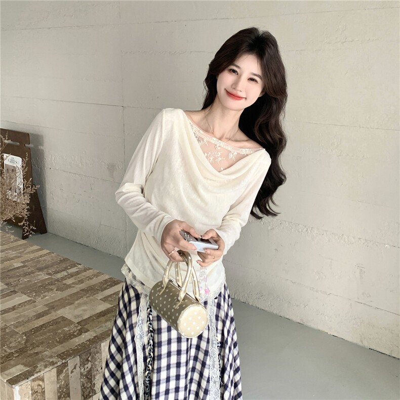 2026春季新款温柔风荡领蕾丝拼接针织衫+不规则格纹半身裙两件套，女装套装/套裙，艾米莉亚