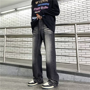 美式高街裤子男女高级感时尚黑灰色牛仔裤高个子窄版直筒微喇叭裤图片