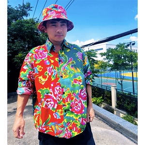 PC203长袖拼接东北大花风民族牡丹大花撞色AB版衬衫团队表演图片