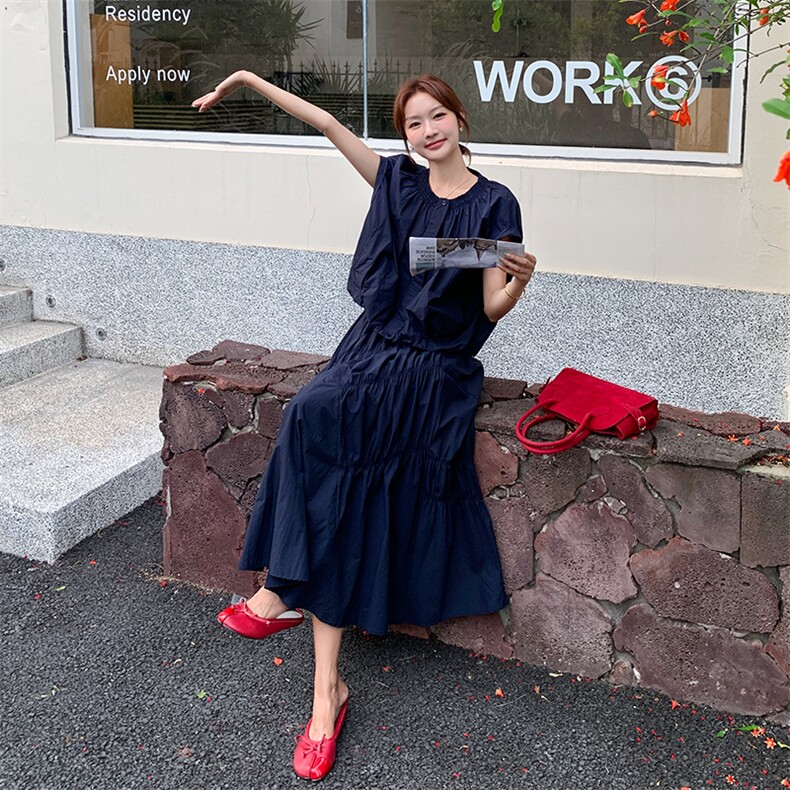 韩系简约休闲百搭圆领短袖衬衫女2025夏季新款高腰显瘦半身裙套装,女装连衣裙,浙宝301