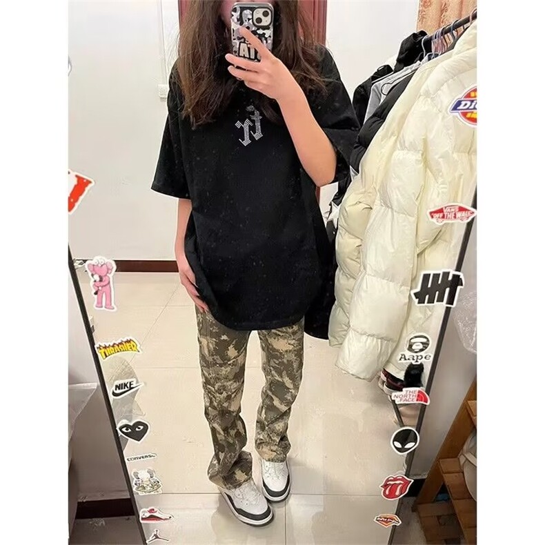二更潮牌欧美街头牛仔裤子男春秋季美式高街迷彩休闲宽松直筒长裤图片