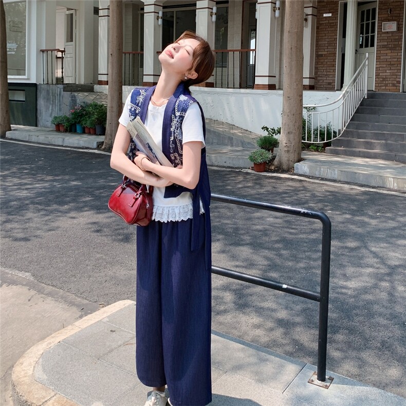 时尚复古刺绣绣花马甲套装女夏季2025年新款短袖T恤阔腿裤三件套,女装套装/套裙,2C177