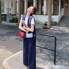 时尚复古刺绣绣花马甲套装女夏季2025年新款短袖T恤阔腿裤三件套，女装套装/套裙，2C177