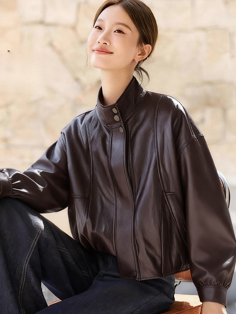 （现货）新款简约时尚摩登复古拼接格子皮衣外套女,女装皮衣,韩蔻秀