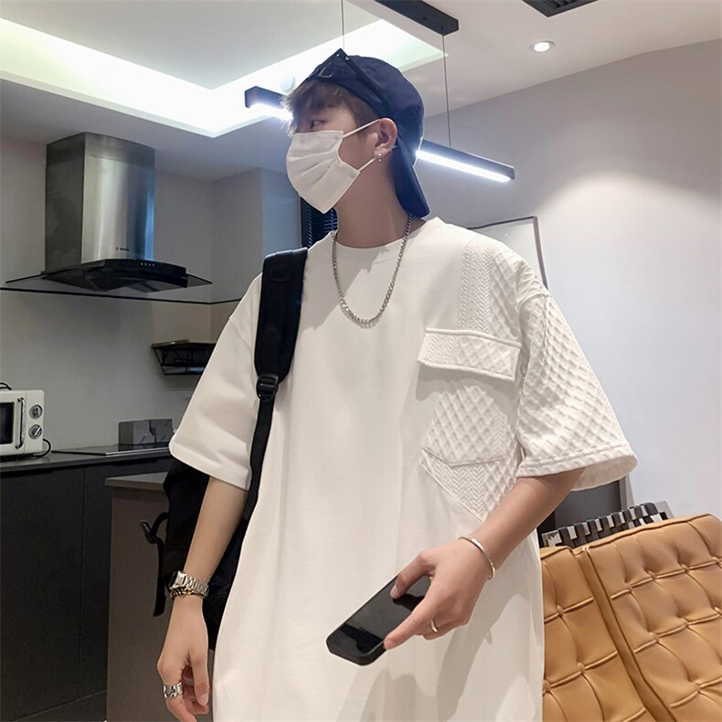 夏季新款拼接拼色宽松大码潮牌百搭圆领短袖T恤五分袖68,男装T恤,电商A011（原4039）
