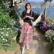 天丝油画郁金香半身裙T恤两件套女2025新款夏日绝美超火穿搭套装，女装套装/套裙，2C209