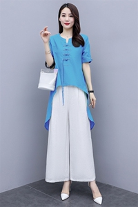 民族风棉麻套装女夏装2023新款复古中国风妈妈装垂感阔腿裤两件套图片