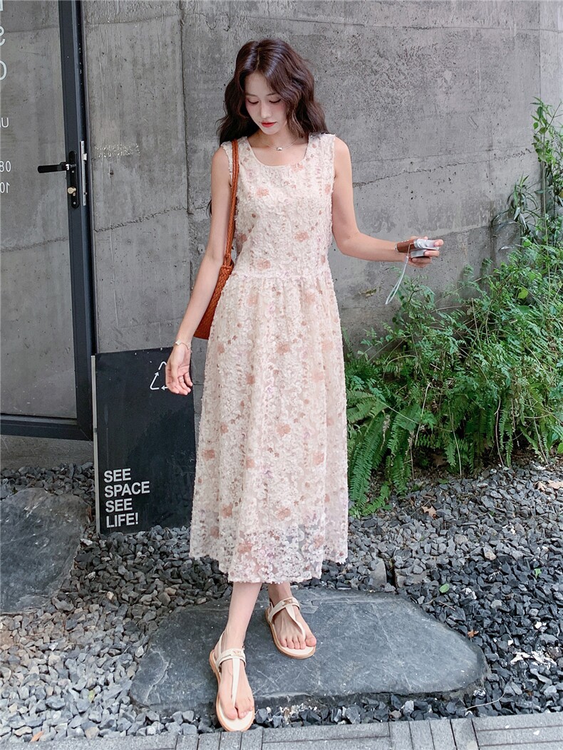 《现货26夏上新》立体花朵超柔软甜美无袖仙女连衣裙可收腰,女装连衣裙,时尚风爆