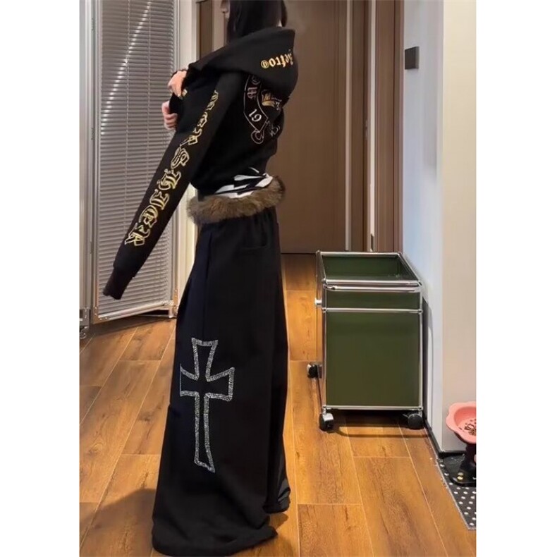 美式高街高腰阔腿裤黑色裤子女2025秋季新款毛领卫裤休闲裤长裤子,男装休闲裤,四季星座505