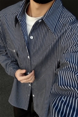 秋季新款条纹衬衫男宽松休闲百搭长袖衬衣外套C2268-特价P45，男装衬衫，电商A007