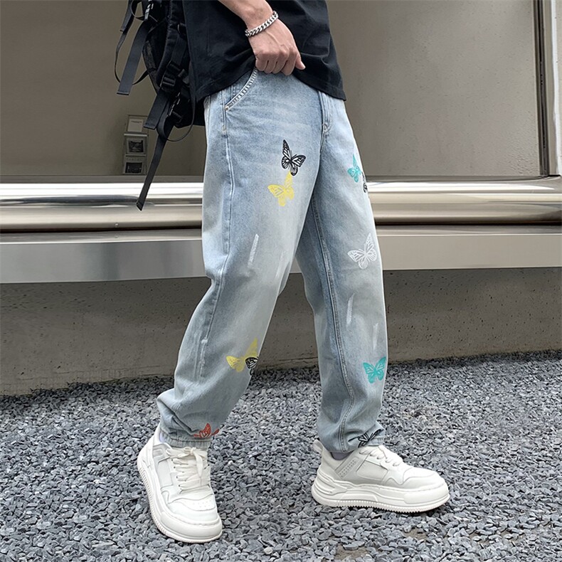 B230档2025秋冬新款重工水洗蝴蝶印花宽松直筒牛仔裤男9097P95，男装牛仔裤，电商B230