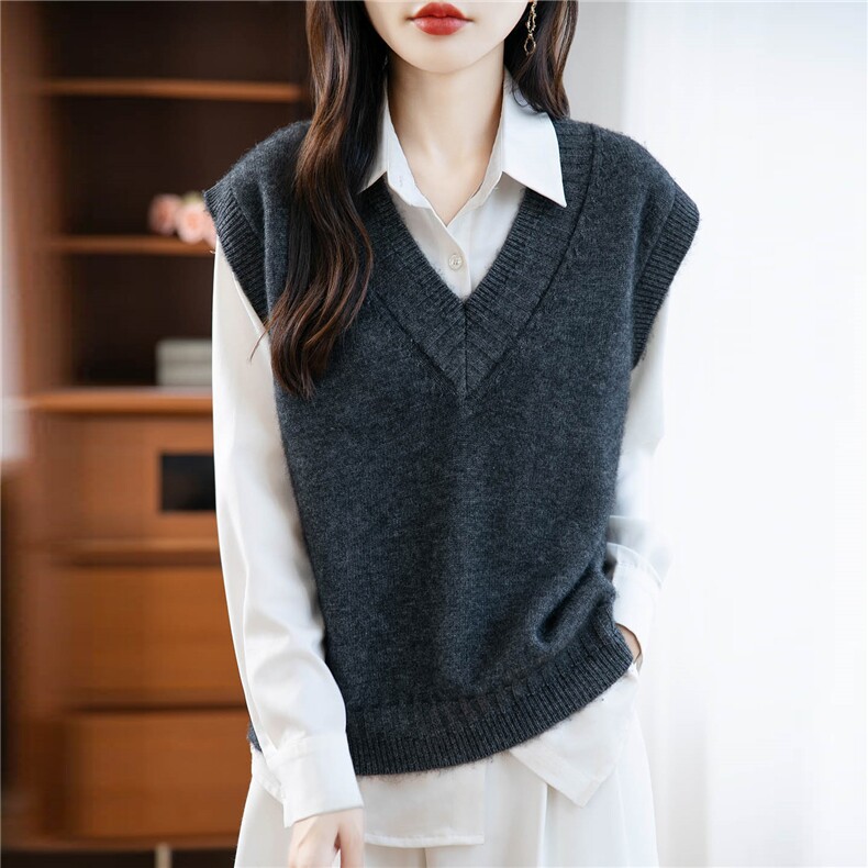 秋冬V领100%纯羊毛针织马甲女加厚叠穿无袖毛衣宽松纯色外搭坎肩,女装马甲,绒汀羊绒