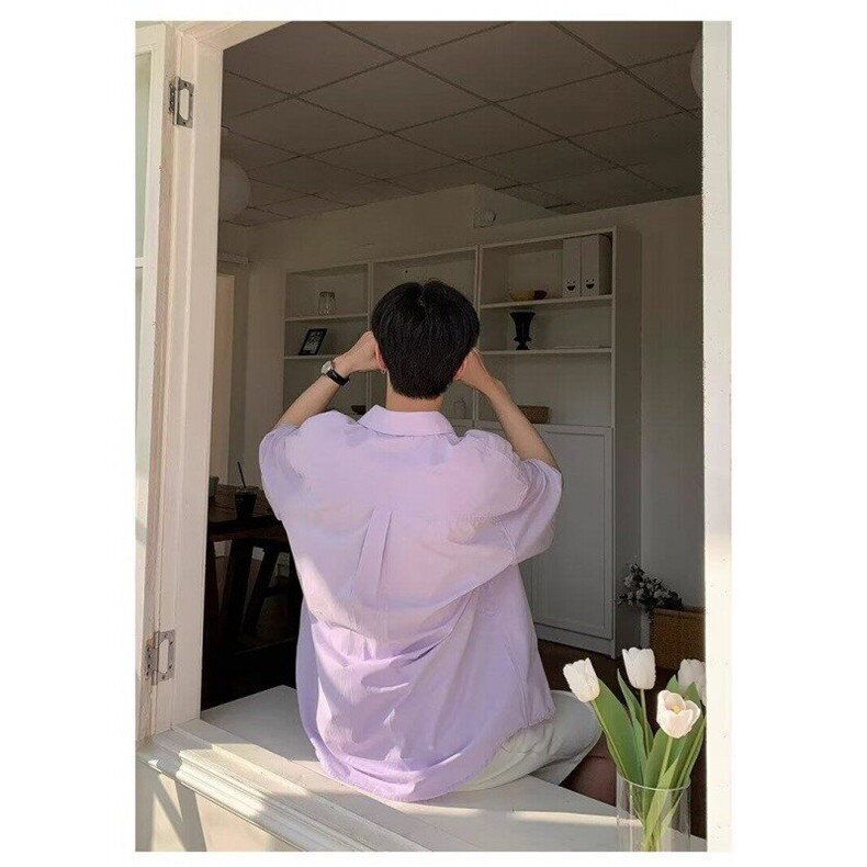 Q100/P40复古衬衫男夏装港风学生宽松纯色短袖衬衣男装上衣,男装衬衫,星座1506