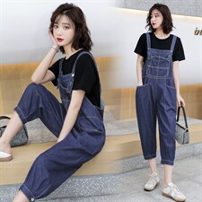 短袖牛仔背带裤套装女2023夏季新款女装韩版时尚休闲两件套套裤潮，女装套装/套裙，慧尚依恋