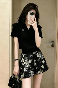 时尚气质复古提花短裤套装女夏季新款黑色减龄V领短袖两件套潮流图片
