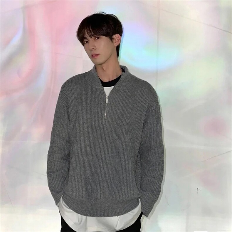 抖音得物保暖立领拉链针织外套秋冬宽松慵懒风纯色毛衣上衣AM01,男装针织衫/毛衣,电商A443