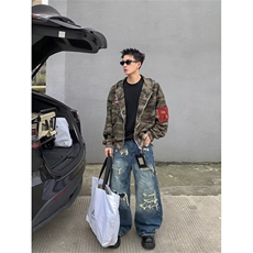 美式复古水洗迷彩刺绣连帽卫衣外套男秋冬季宽松休闲帽衫夹克，男装夹克，四季星座505