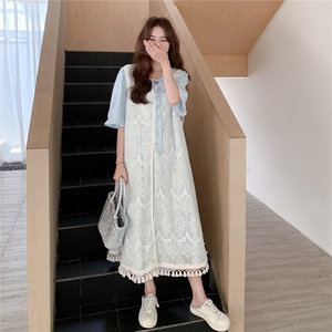 甜美减龄蕾丝镂空罩衫连衣裙套装女夏2025新款法式叠穿长裙两件套图片