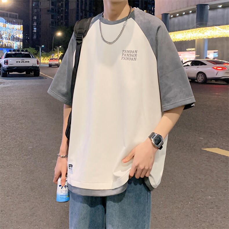 2026夏装男圆领拼色拼接麂皮绒五分袖短袖T恤 T800/P35 杏色9图片
