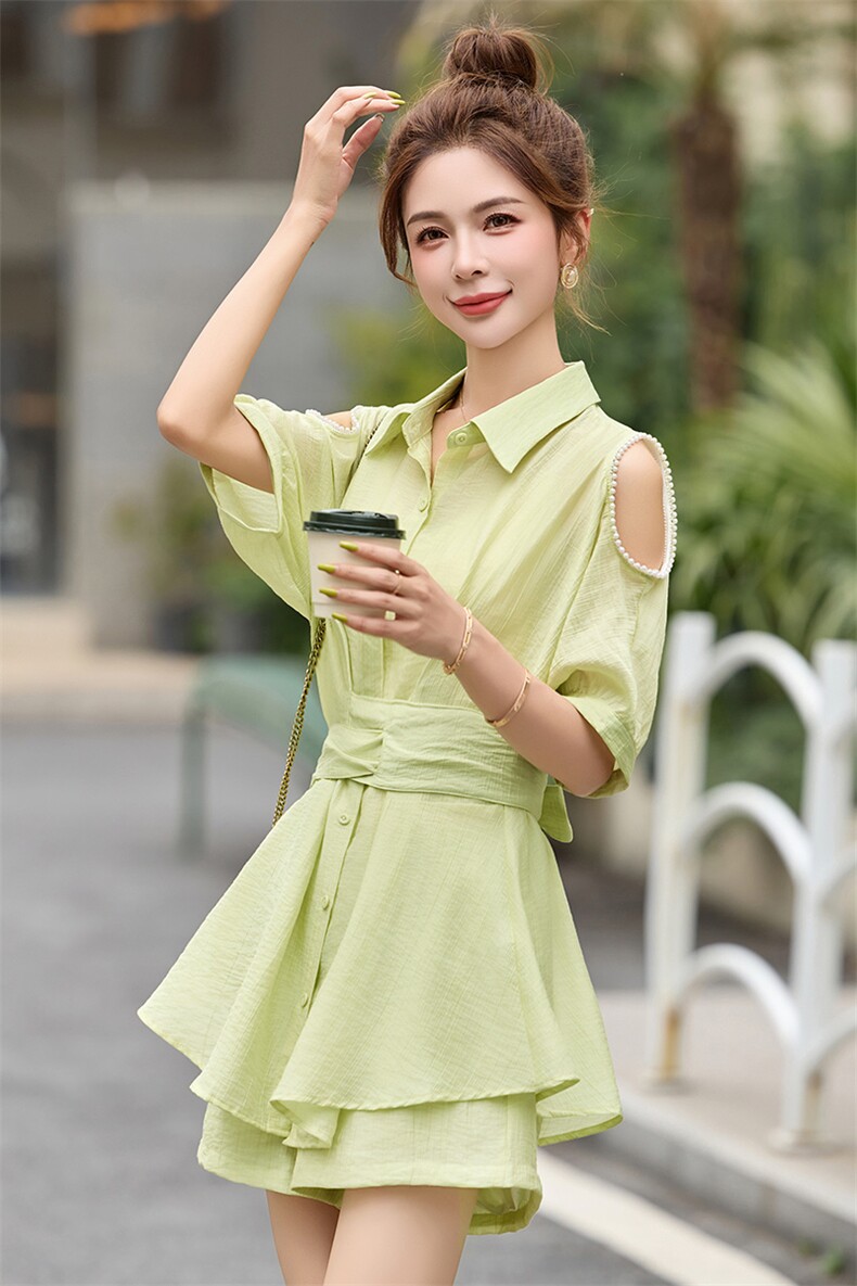 高端时尚钉珠漏肩套装女2025夏季新款洋气收腰显瘦气质短裤两件套,女装套装/套裙,心心服饰