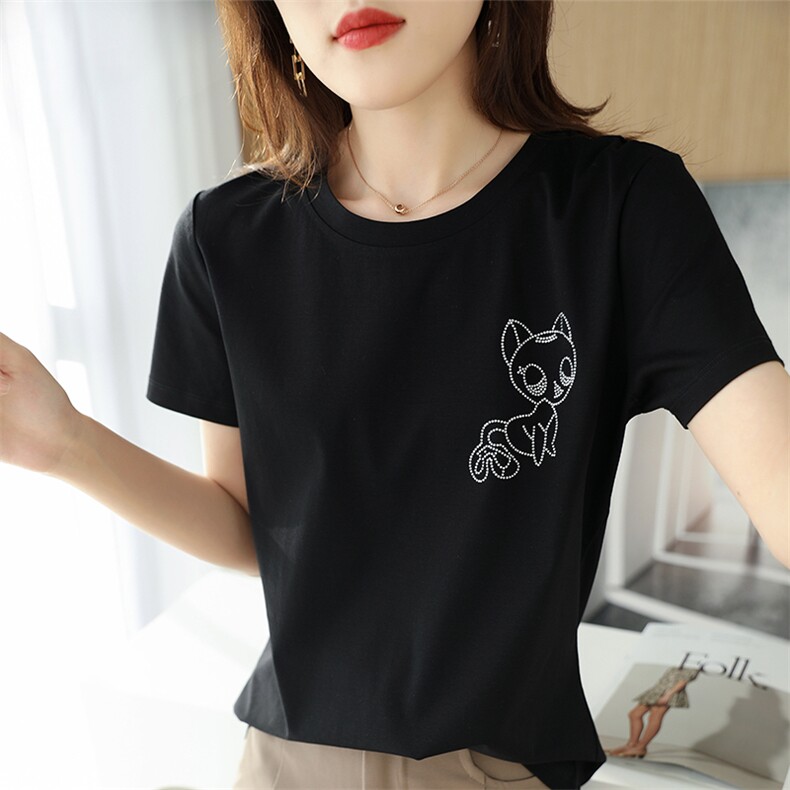 烫画小熊工艺高端丝光棉短袖圆领冰感上衣女显瘦休闲百搭基础款潮，女装T恤，元素羊绒
