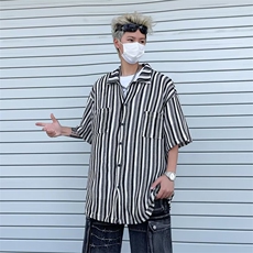 复古竖条纹针织短袖衬衣男夏季潮流宽松半袖衬衫休闲，男装衬衫，星座716-4