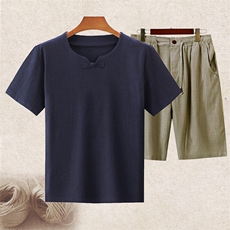 主推大货男高品质中老年风亚麻套装短袖T恤棉麻短裤套装，男装牛仔裤，钱塘723