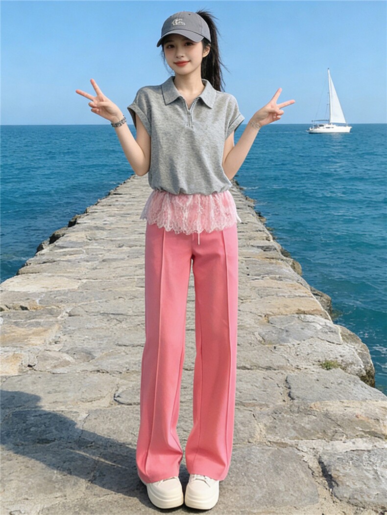 慵懒风时尚洋气套装女夏季新款蕾丝拼接短袖上衣阔腿裤两件套显瘦,女装套装/套裙,江南