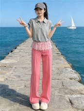 慵懒风时尚洋气套装女夏季新款蕾丝拼接短袖上衣阔腿裤两件套显瘦，女装套装/套裙，江南