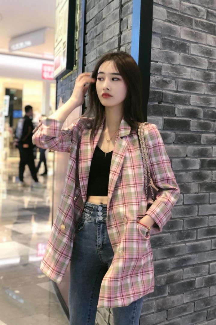 SGH2103春季新款格子款青春靓丽百搭简约西装外套,女装西装,L·H·X