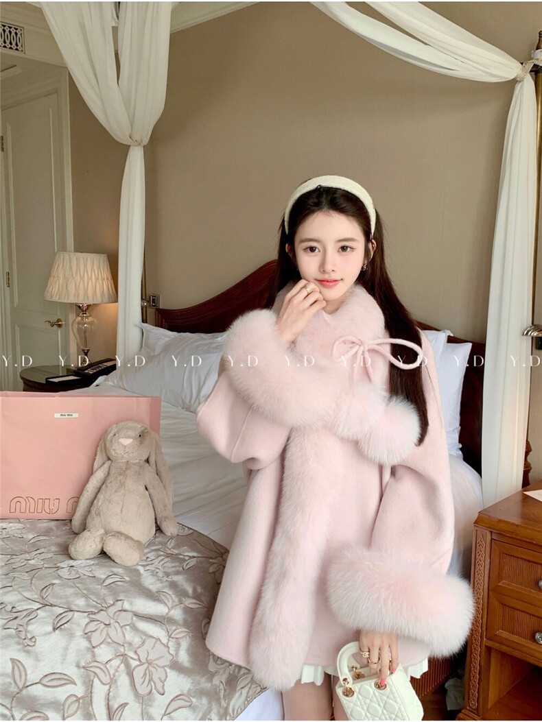 【依嘟】小个子甜美皮草中长款狐狸毛球2025新款羊毛外套(配,女装双面呢大衣,依嘟服饰