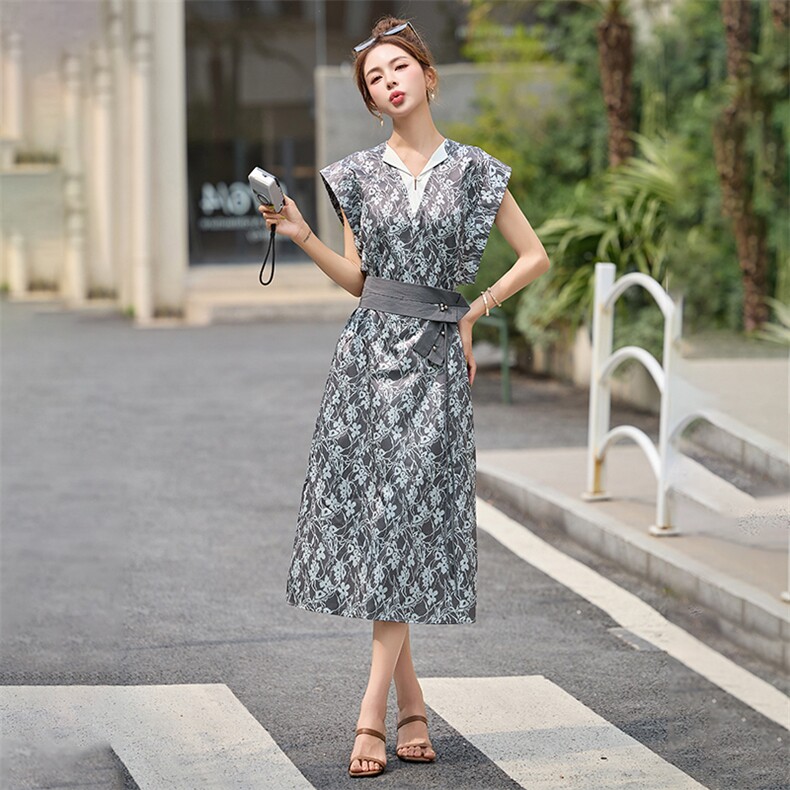 2025年夏季中长款优雅气质收腰拼接女时尚连衣裙,女装连衣裙,橙子家