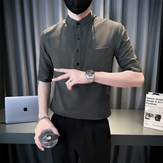 夏季男士七分袖麻料立领衬衫男休闲修身休闲衬衣A236-C666-P55，男装衬衫，电商A236