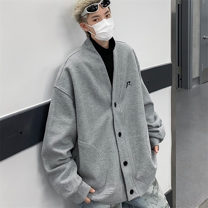 刺绣华夫格V领开衫卫衣男春秋重磅痞帅宽松休闲灰色外套Y159,男装卫衣,星座1116A-1（原606A）