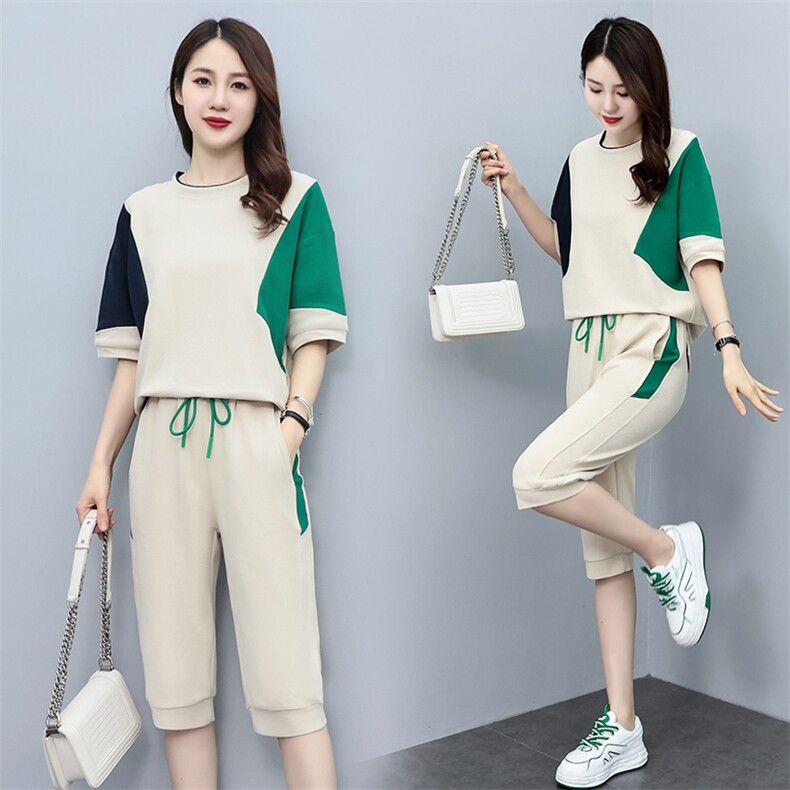 休闲运动女装季新款2025韩版时尚短袖五分裤拼接洋气潮,女装运动套装,凯瑟曼