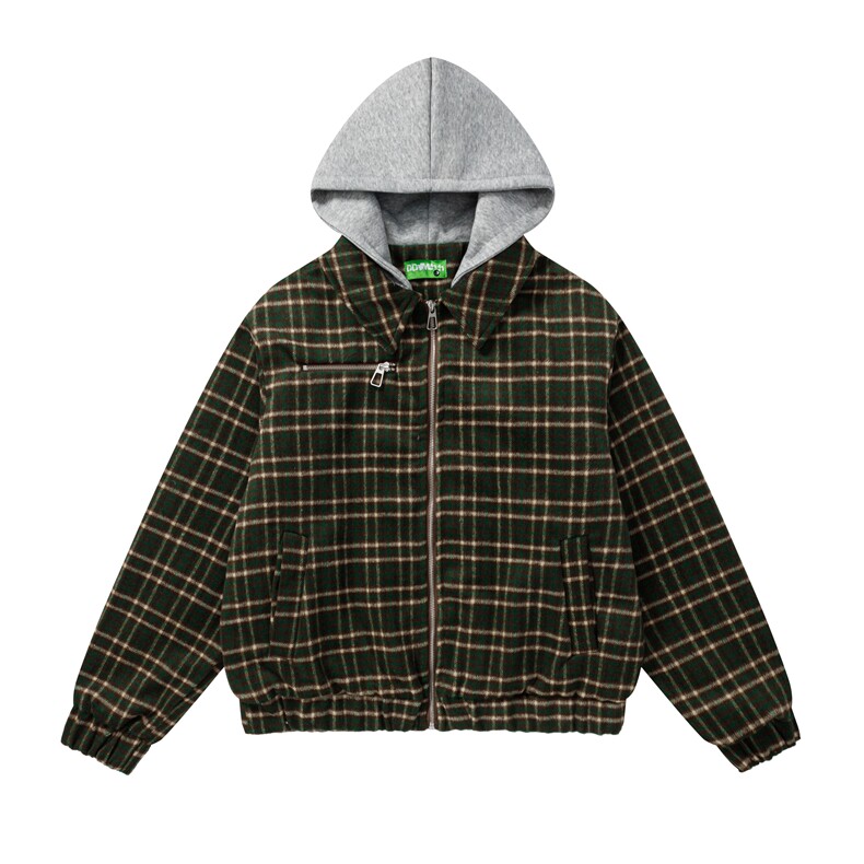 美式复古毛呢条纹假两件连帽夹棉外套秋冬男女款201-2A768P148，女装短外套，星座201-2