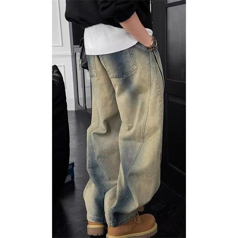 美式高街春秋季重磅牛仔裤小众设计感弯刀裤复古水洗做旧宽松直筒，女装牛仔裤，星座506A