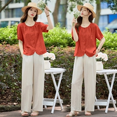 时尚棉麻短袖衬衫女2025夏季新款宽松显瘦遮肉刺绣小衫妈妈装上衣，女装套装/套裙，依万里