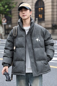 港风冬季新款棉衣男印花宽松PU皮立领面包服大码外套男MY625-P128图片