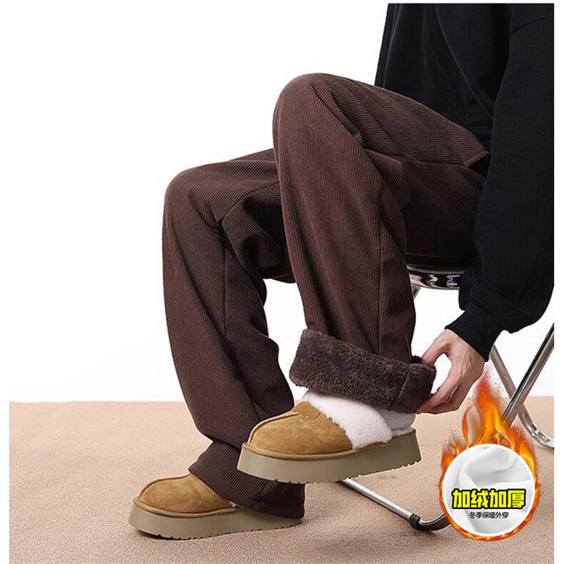 冬季美式高街加绒加厚男女休闲裤灯芯绒保暖直筒宽松阔腿长裤图片