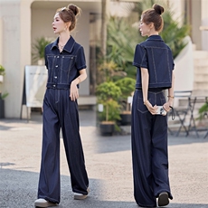 天丝牛仔女2025夏季新款薄款蕾丝拼接短袖上衣阔腿长裤，女装牛仔外套，印象茜