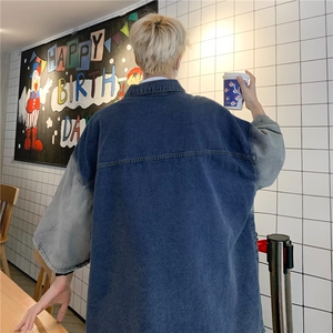 美式渐变牛仔短袖男款夏季潮牌工装外套翻领休闲刺绣衬衣S982-P58图片