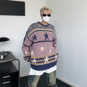 情侣款星星条纹毛衣秋冬季复古宽松休闲美式针织衫套头上衣男图片