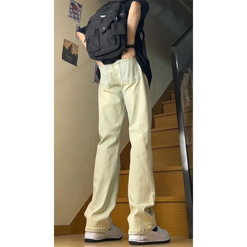 网图微喇加绒牛仔裤弯刀黄泥水洗显瘦修身裤子A025-FJ1055-P45,男装牛仔裤,电商A025