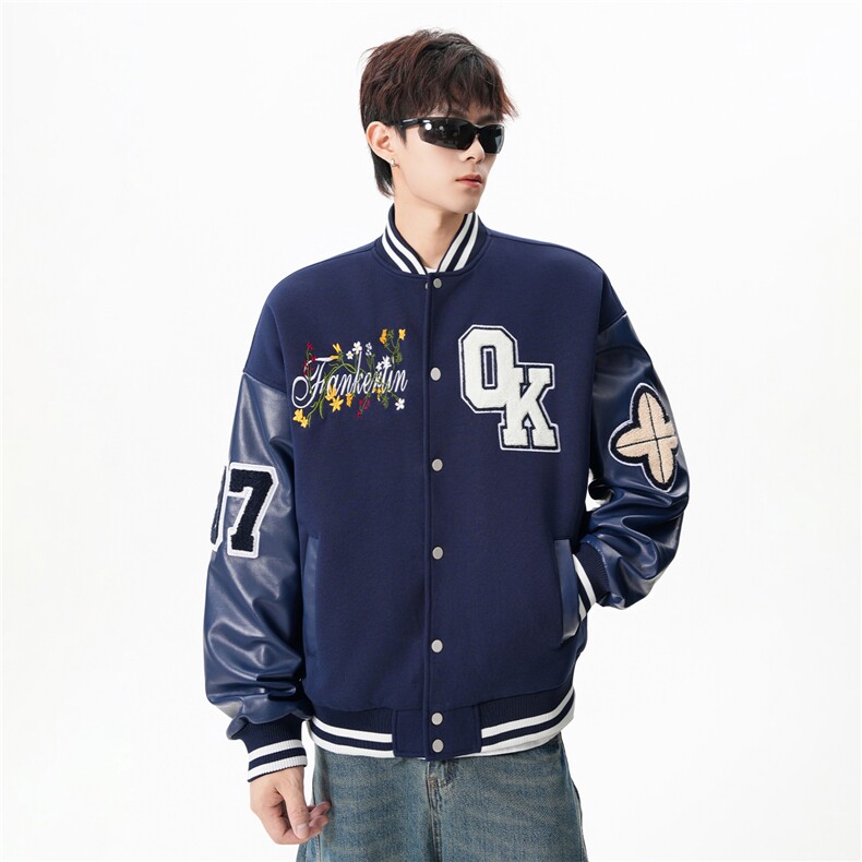 JK5872-P85美式拼接刺绣PU皮撞色棒球服飞行员夹克外套控149,男装夹克,星座109