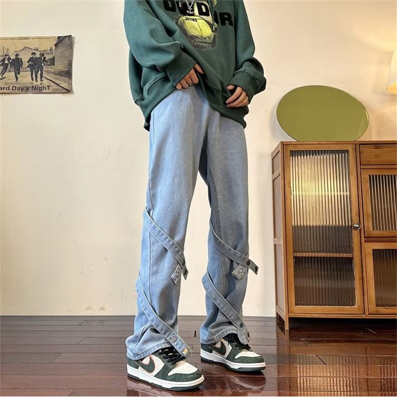 高街设计感潮牌绑带阔腿牛仔裤男ins复古水洗宽松直筒B8066P45,男装牛仔裤,星座1116-2