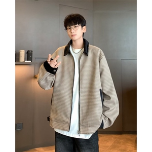 美式拼色千鸟格早秋外套男短款设计高级感双拉链翻领夹克 C8881图片