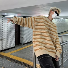 秋冬季条纹撞色毛衣男日系复古潮牌个性设计圆领针织衫M7029-P48，男装针织衫/毛衣，星座1001-1